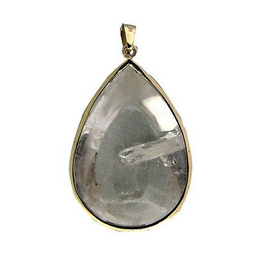 Vintage 50.00ct Rare Powerful Domed Pear Quartz Manifestor Crystal 14k Pendant