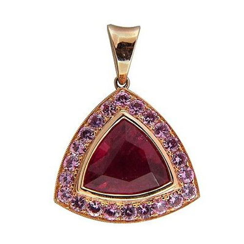 Hot Pink 5.75ct Triangular Tourmaline 1.26ct Pink Sapphire 14k Pink Gold Pendant