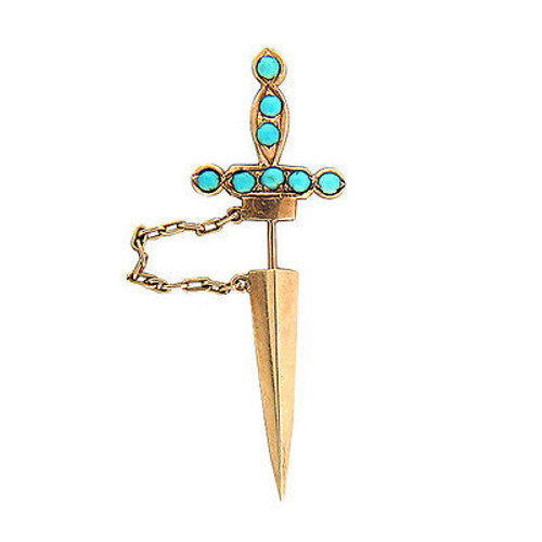 Vintage 1890 Victorian 14k Pink Gold Untreated Round Persian Turquoise Jabot Pin