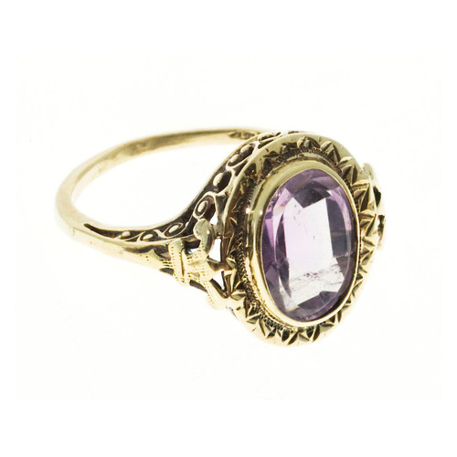 Estate 14k Pierced Engraved Yellow Gold Victorian Filagree Amethyst Oval Ring