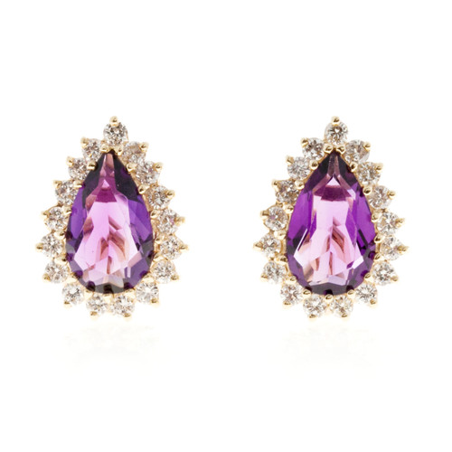 7.00 Carat Amethyst Diamond Yellow Gold Halo Earrings 