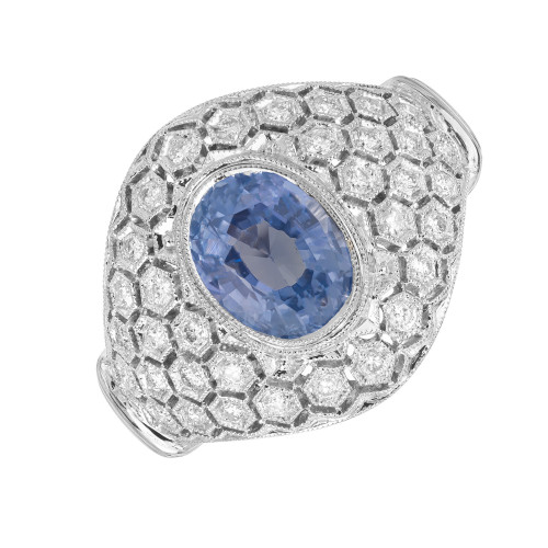 GIA Certified Natural Blue Sapphire Diamond Dome Cluster Cocktail Ring