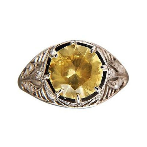 Vintage 2.43ct Round Whispy Yellow Sapphire Platinum Art Deco Diamond Ring