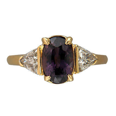 Vintage 2.38ct Natural Purple Brown Sapphire .45ct Trilliant Diamond 18k Ring