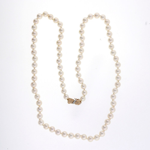 .2 Carat Diamond Pearl  Yellow Gold Akoya Cultured Necklace 