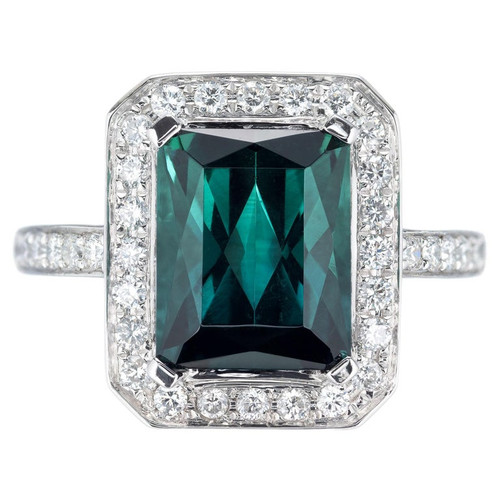 3.65 Carat Green Tourmaline Diamond Halo Gold Engagement Ring