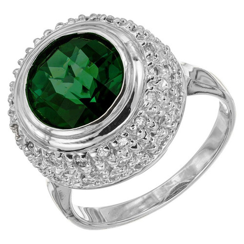 3.00 Carat Round Green Tourmaline Diamond Gold Ring