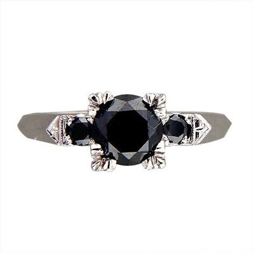 Art Deco Platinum Ring Enhanced Black Diamond 1.17ct Round