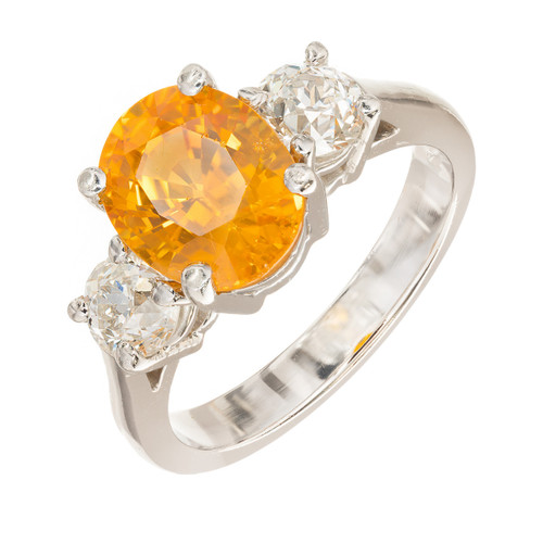 Estate Platinum Raise Crown European Cut Oval Orange Sapphire Round Diamond Ring