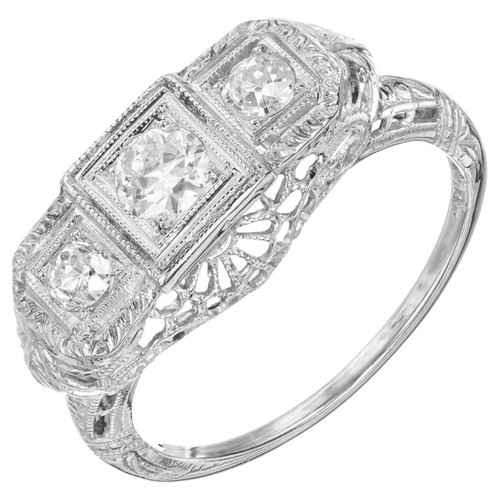 Art Deco Filigree Three Stone Diamond Engagement Ring