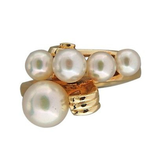 Vintage Mikimoto Gem 5 Cultured Pearl 14K Yellow Gold Wave Design Ring Size 6