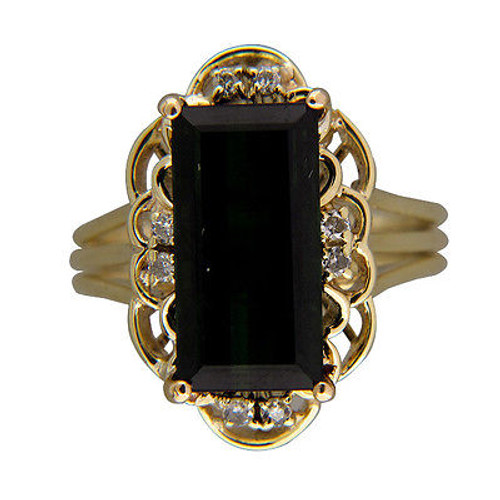 Vintage Elongated 4.00ct Deep Emerald Cut Tourmaline 14k Gold .08CT Diamond Ring