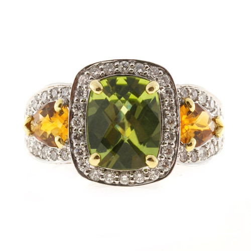 Vintage Charles Krypell Cushion Peridot 18k White  Gold Citrine Diamond Ring