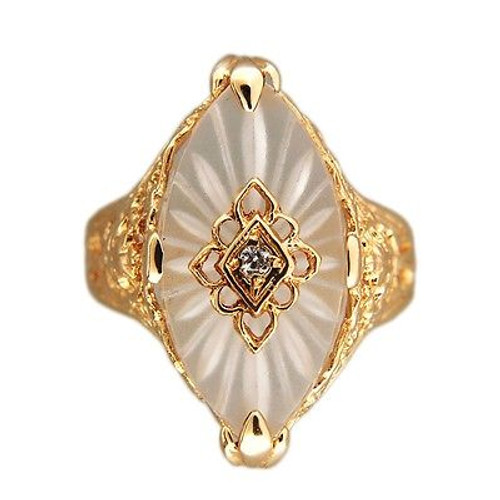 Vintage Carved Crystal Top Single Cut Diamond Filigree 14k Yellow Gold Ring