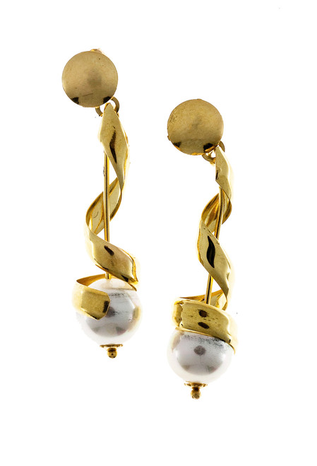 Vintage Estate 8.2mm Cultured Pearl 14k Yellow Gold Swirl Dangle Earrings