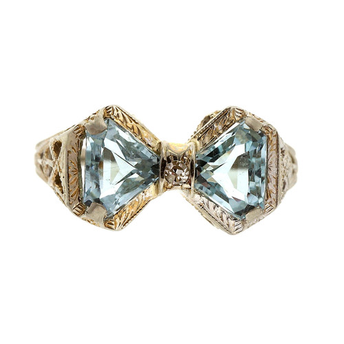 Art Deco 1.00 Aqua Diamond  White Gold Double Triangle Filigree Ring