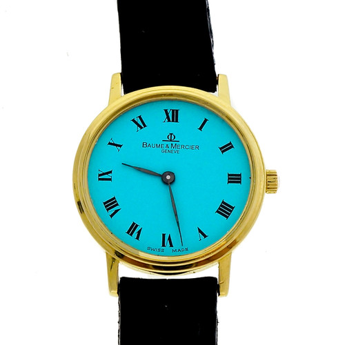 Baume & Mercier Ladies Gold Round Quartz Watch Custom Colored Turquoise  Dial 