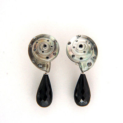 Vintage Crystal Shell Black Diamond 18k White Gold Earrings Black Spinel Pearl