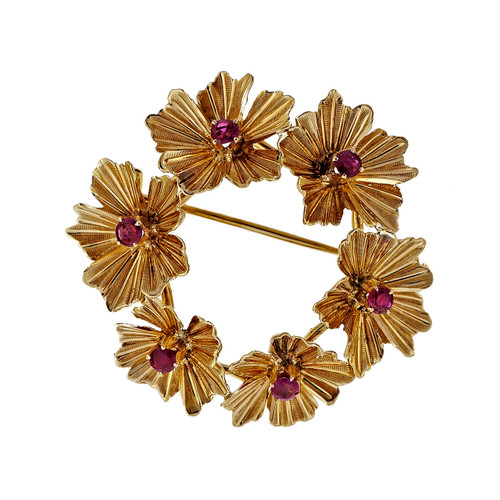 Vintage Estate 18k Yellow Gold Ruby Circle Flower Pin