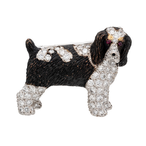 E. Wolfe 2.51 Carat Brittany Springer Spaniel Diamond Ruby Gold Dog Brooch
