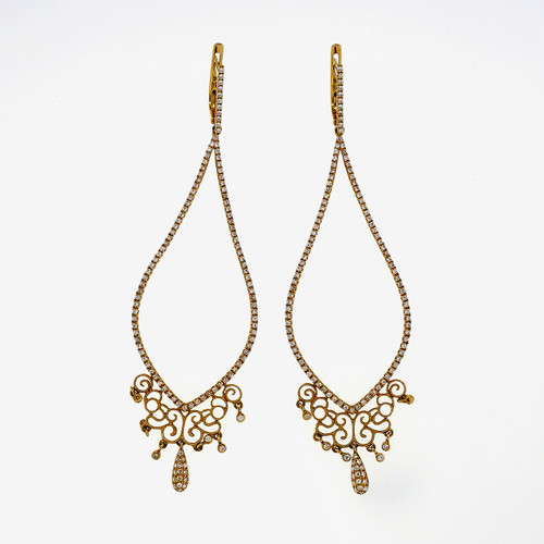 Long Dangle Earrings 14k Yellow Gold Micro Pave Set .85ct Diamond Rare Edition 
