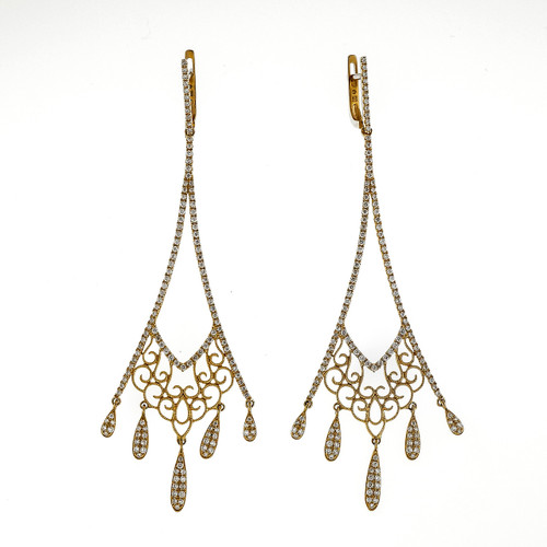 Long Dangle Earrings 14k Yellow Gold Micro Pave 1.14ct Diamond Rare Edition 