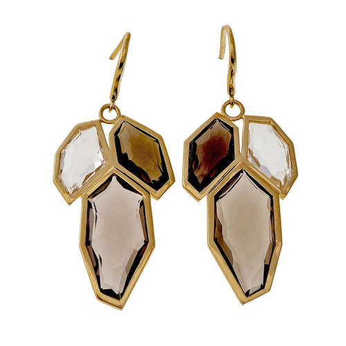 Estate Fantasy Cut Smoky Quartz 18k Yellow Gold Allia Designer Earrings 