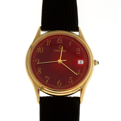 Concord Yellow Gold Red Dial Quartz Men's Date Wristwatch
