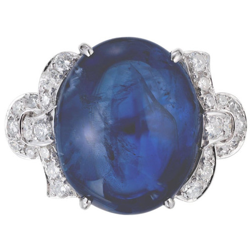 GIA 25.00 Carat Sri Lanka Cabochon Sapphire Diamond Platinum Cocktail Ring