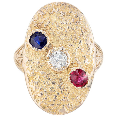 Victorian Antique .20ct Diamond Ruby Sapphire Textured Size 4 Ring 14k
