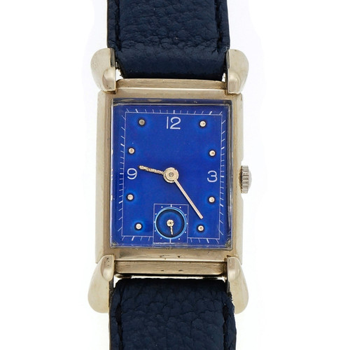 Vintage 1949  14k White Gold Bulova Custom Colored Blue Dial Watch Vintage 1949  14k White Gold Bulova Custom Colored Blue Dial Watch