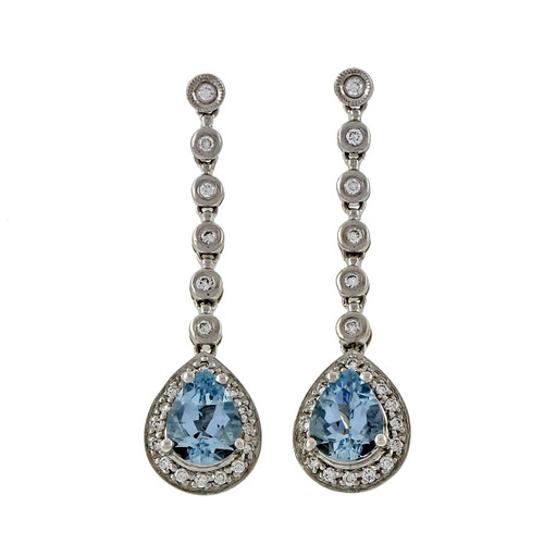 Pear Shaped Aqua 14k White Gold Diamond Dangle Earrings