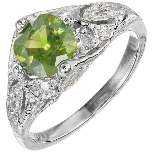 1.04 Carat Green Demantoid Garnet Diamond Platinum Art Deco Engagement Ring