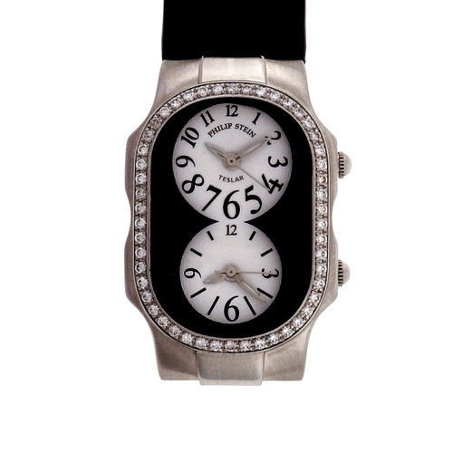 Philip Stein Teslar Steel Diamond Two Time Zone Wrist Watch