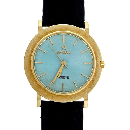 Omega Yellow Gold Custom Colored Ice Blue Dial Wristwatch