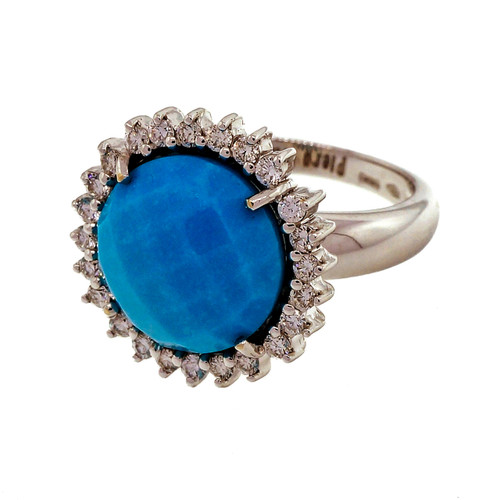 Piero Milano 18k White Gold Ring With Diamond Halo Turquoise Center 