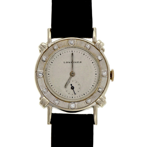 Vintage 1950's Longines 14k White Gold Diamond Strap Watch