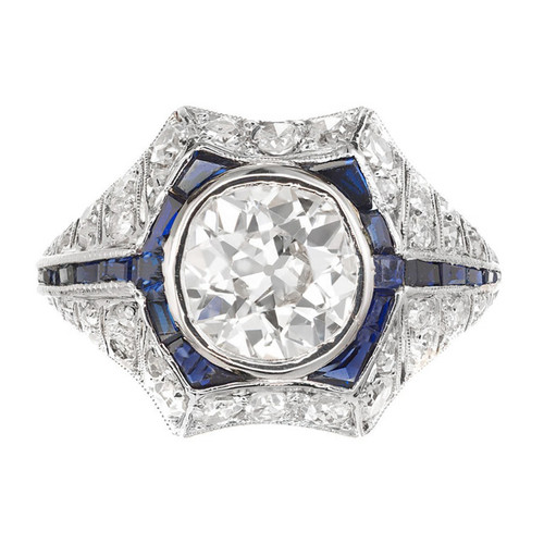 EGL 1.65 Carat Diamond Sapphire Halo Yellow Gold Platinum Engagement Ring