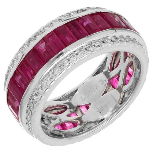Sonia B 7.50 Carat Emerald Cut Ruby Diamond Gold Band Ring