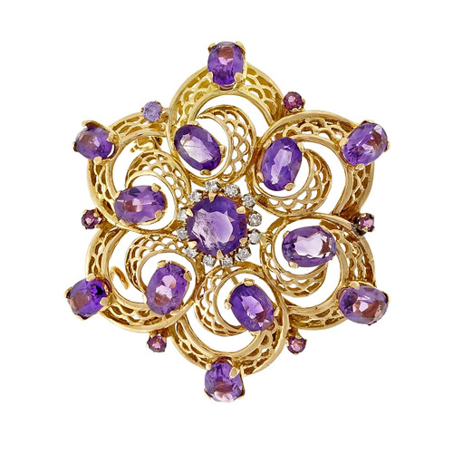 Vintage 1960 Amethyst Diamond Open Work Swirl Pin