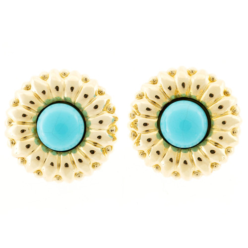 Vintage 1970 Turquoise Sunflower 18k Yellow Gold Clip Post Earrings 