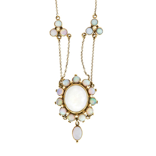 Estate Vintage Opal Dangle Necklace 14k Yellow Gold
