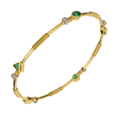 Artisanal Emerald Diamond Yellow Gold Bangle Bracelet
