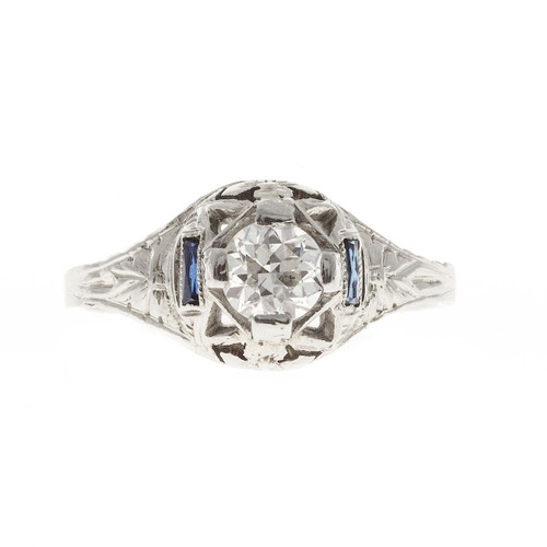 Estate Art Deco 1930 Filigree Ring 18k White Gold European Cut Diamond Ring