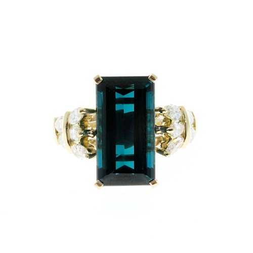 Estate Blue Indicolite Tourmaline Marquise Diamond 1960 18k Yellow Gold Ring 