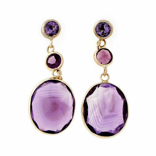 Vintage 1970 Amethyst Dangle Earrings 14k Yellow Gold