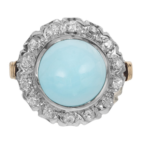 GIA Certified Persian Cabochon Turquoise Diamond Halo Gold Cocktail Ring