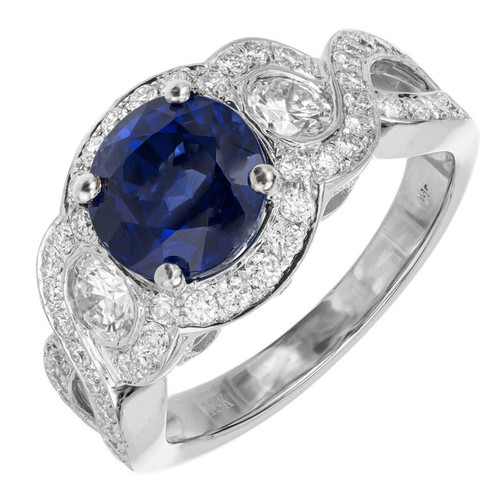 GIA Certified 2.91 Carat Round Sapphire Diamond Swirl Halo Gold Engagement Ring