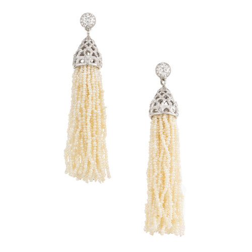 1.00 Carat Diamond Natural Seed Pearl Tassel Dangle Drop Gold Earrings