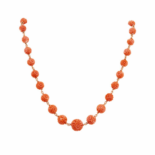Natural Certified Carved Coral Mid Century Necklace 14k Yellow Gold 